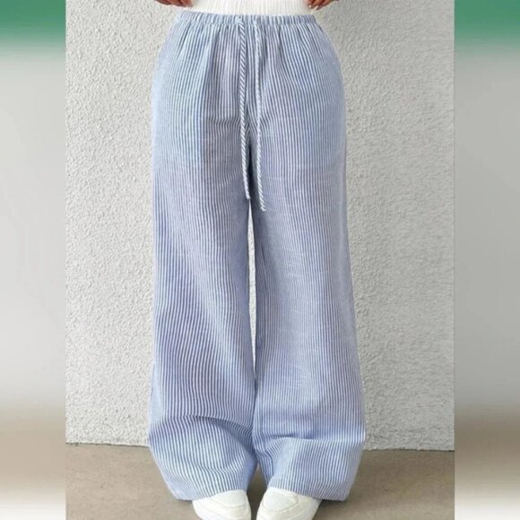 Women's Casual Blue Striped Woven Wide Leg Pants With Loose Fit - Picture 3 of 7
